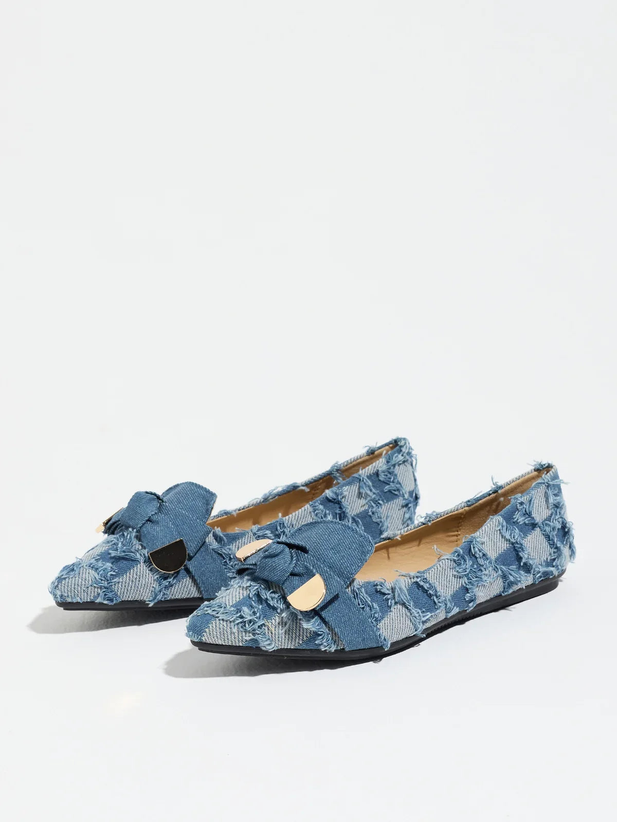 Moncelia navy plaid denim bow pointed toe flats, pair shown from the side, women's sizes 5 to 12
