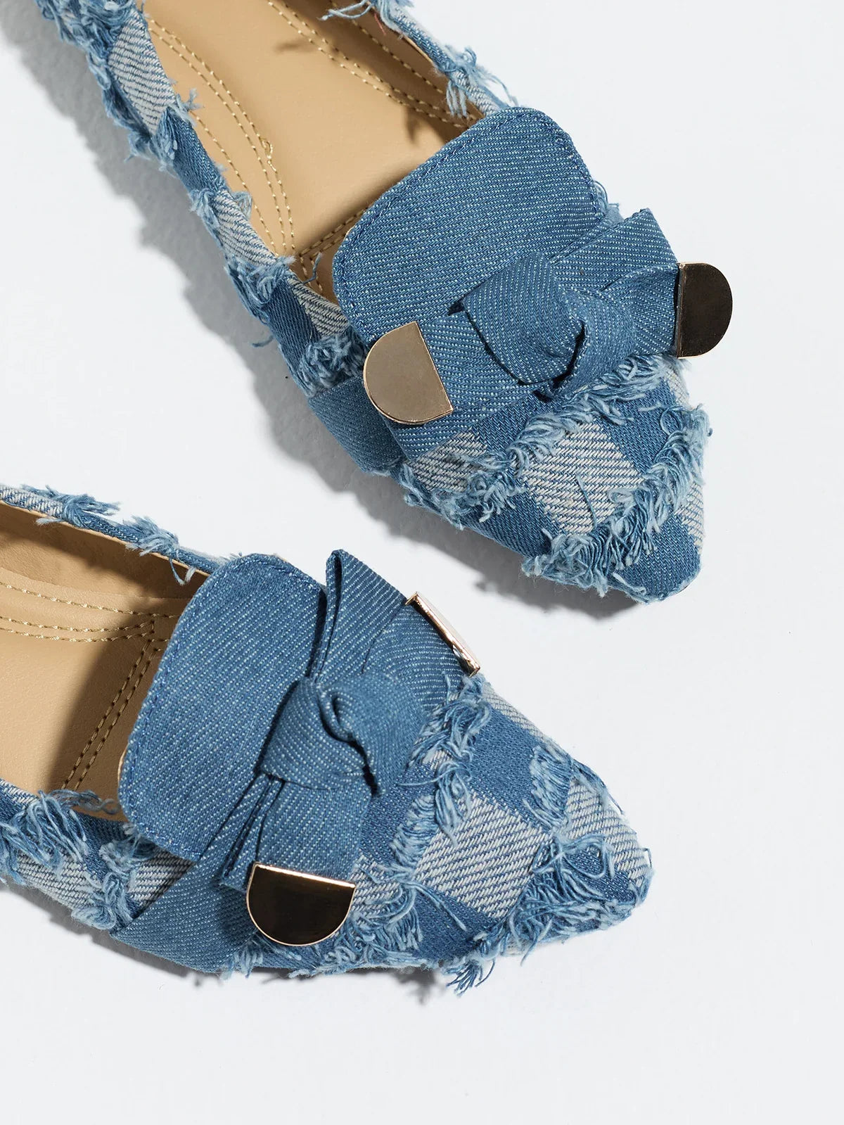 Moncelia navy plaid denim bow pointed toe flats, close-up of the knotted bow, women's sizes 5 to 12