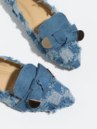 Moncelia navy plaid denim bow pointed toe flats, close-up of the knotted bow, women's sizes 5 to 12
