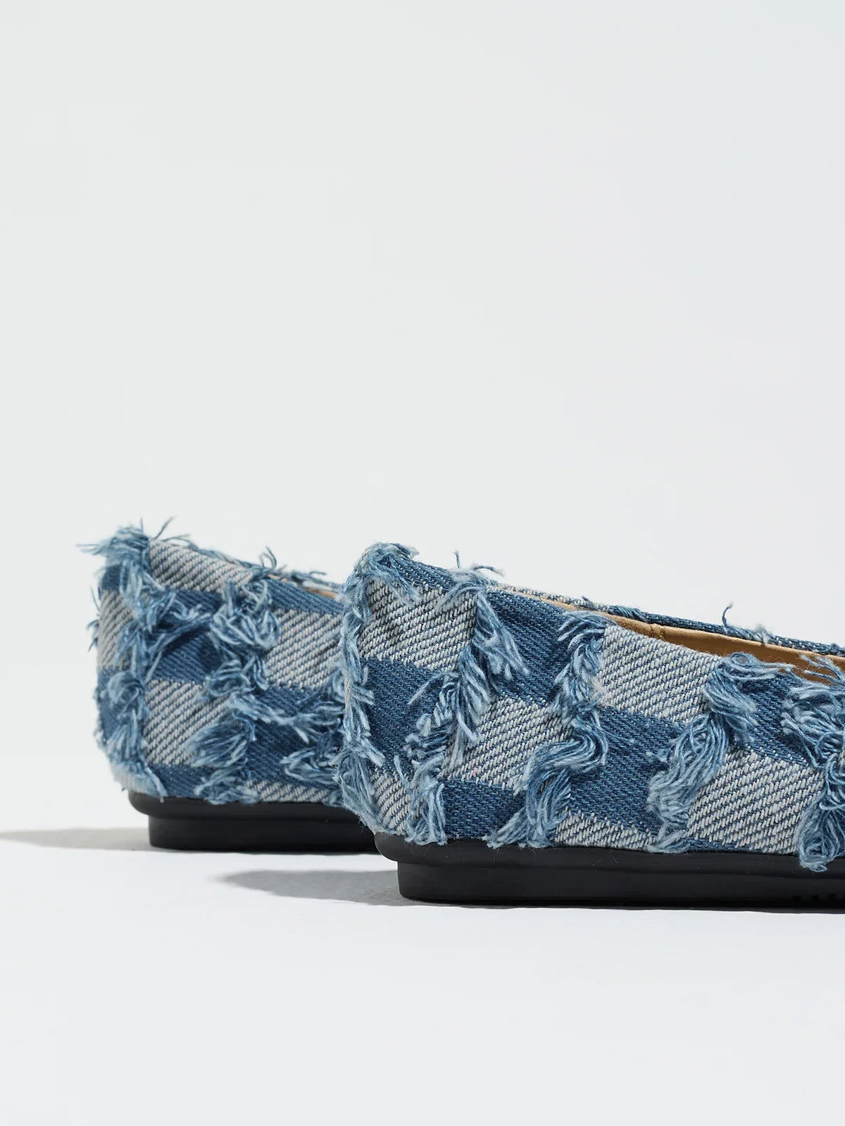Moncelia navy plaid denim bow pointed toe flats, back view showing the frayed heel, women's sizes 5 to 12