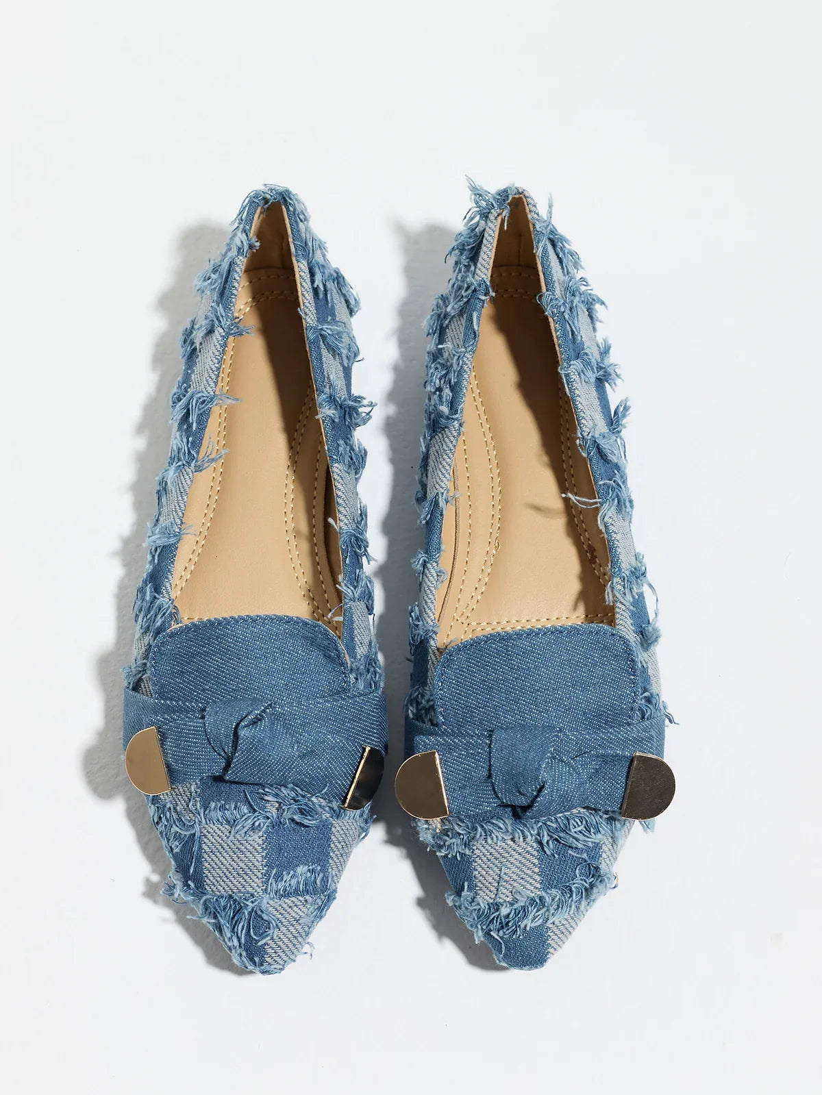 Moncelia navy plaid denim bow pointed toe flats, pair shown from above, women's sizes 5 to 12