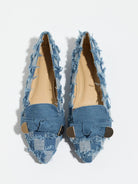 Moncelia navy plaid denim bow pointed toe flats, pair shown from above, women's sizes 5 to 12
