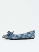 Moncelia navy plaid denim bow pointed toe flats, single shoe in profile, women's sizes 5 to 12