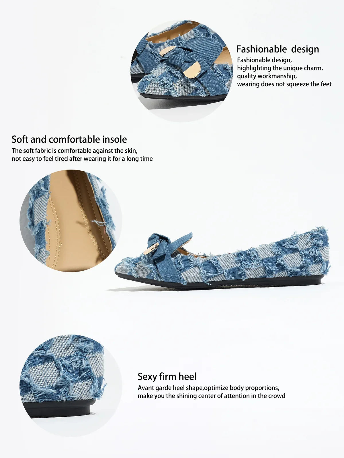 Moncelia navy plaid denim bow pointed toe flats, close-ups of bow, insole and sole, women's sizes 5 to 12