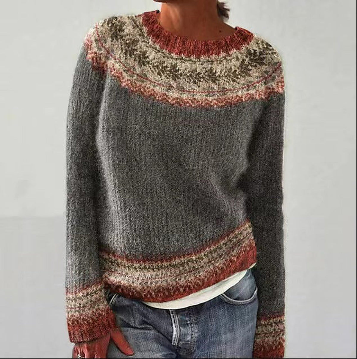 Moncelia Soline Fair Isle Yoke Crew Neck Sweater