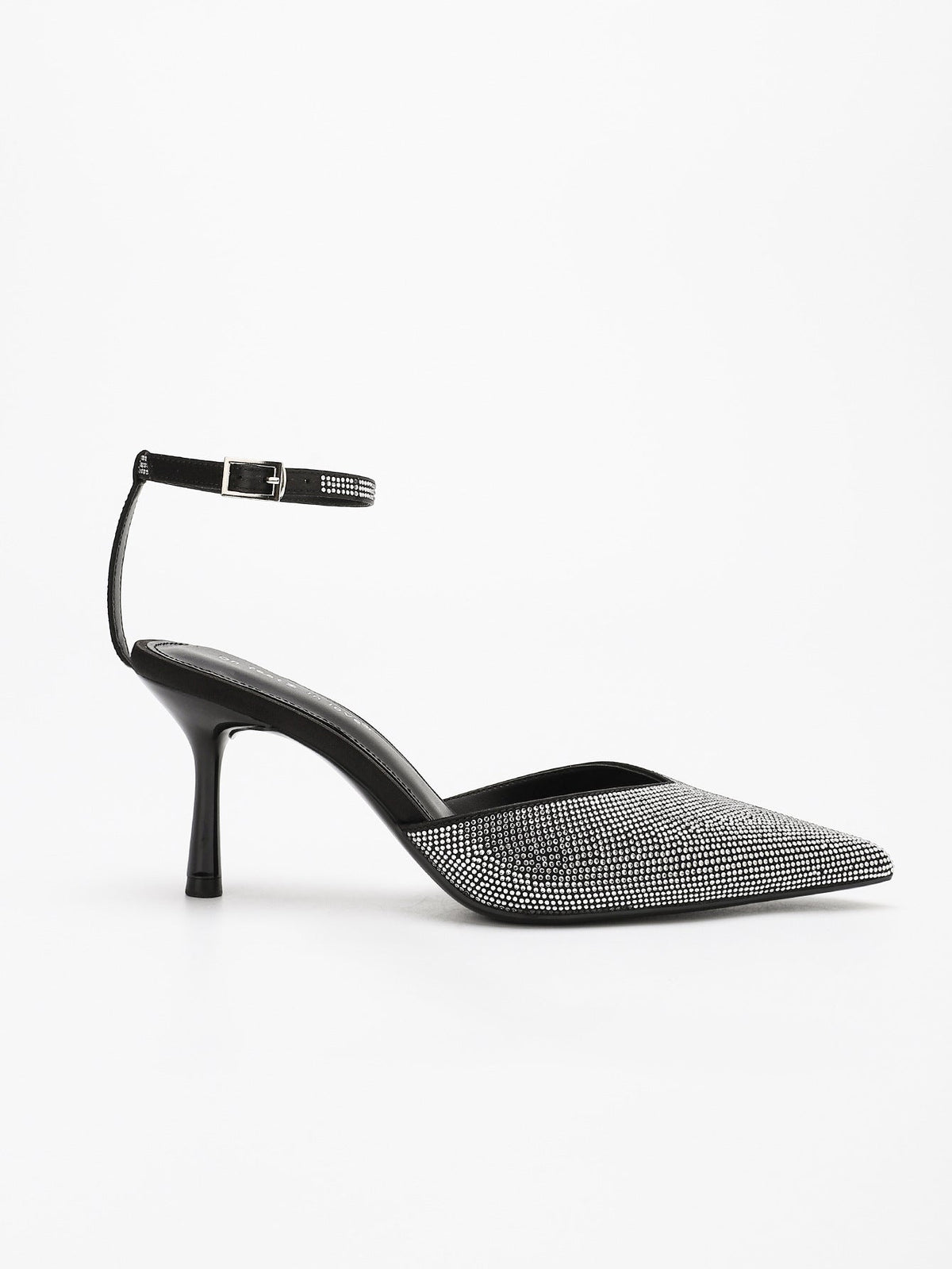 Moncelia black crystal paved pointed toe mules, single mule in profile, women's sizes 5 to 11.5