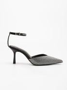Moncelia black crystal paved pointed toe mules, single mule in profile, women's sizes 5 to 11.5