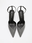 Moncelia black crystal paved pointed toe mules, pair shown from above, women's sizes 5 to 11.5