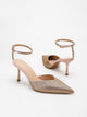 Moncelia champagne crystal paved pointed toe mules, pair shown from the side, women's sizes 5 to 11.5