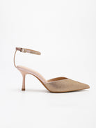 Moncelia champagne crystal paved pointed toe mules, single mule in profile, women's sizes 5 to 11.5