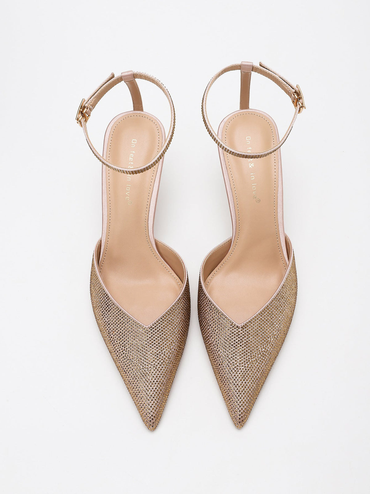 Moncelia champagne crystal paved pointed toe mules, pair shown from above, women's sizes 5 to 11.5