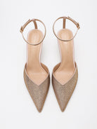 Moncelia champagne crystal paved pointed toe mules, pair shown from above, women's sizes 5 to 11.5