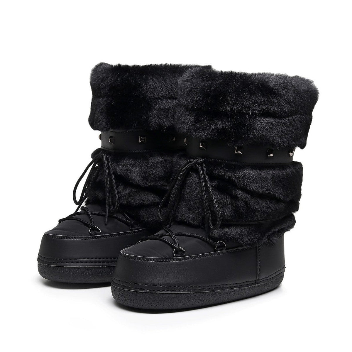 Moncelia black faux fur studded platform snow boots, pair showing lace-up front, women's sizes 5.5 to 9