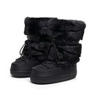 Moncelia black faux fur studded platform snow boots, pair showing lace-up front, women's sizes 5.5 to 9