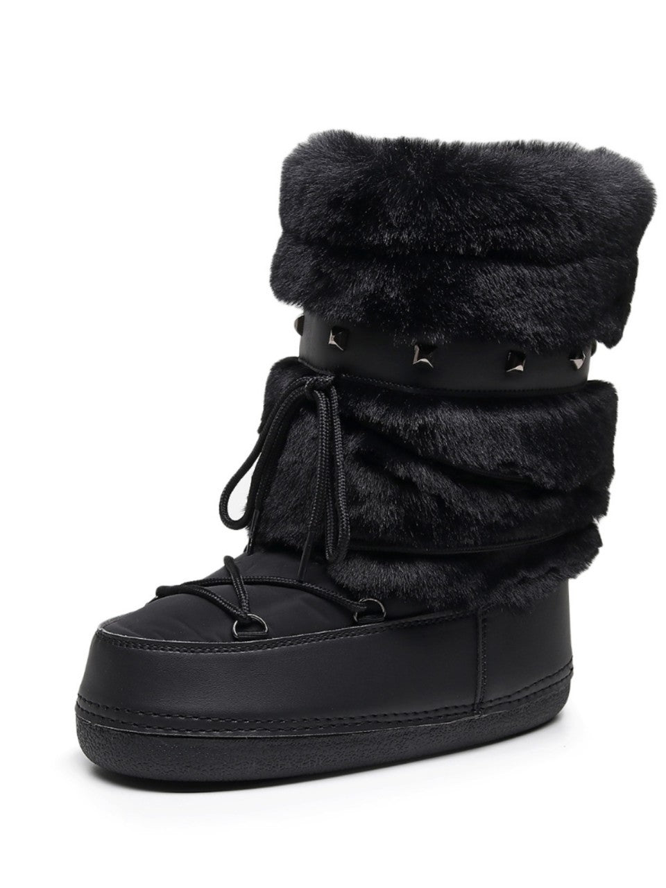 Moncelia black faux fur studded platform snow boots, single boot showing studded strap, women's sizes 5.5 to 9