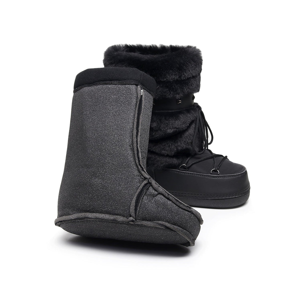 Moncelia black faux fur studded platform snow boots, fleece liner shown beside boot, women's sizes 5.5 to 9