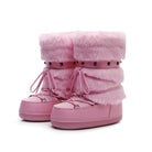 Moncelia pink faux fur snow boots, pair shown from the side showing lace-up front, women's sizes 5.5 to 9
