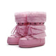 Moncelia pink faux fur snow boots, pair shown from the side showing lace-up front, women's sizes 5.5 to 9