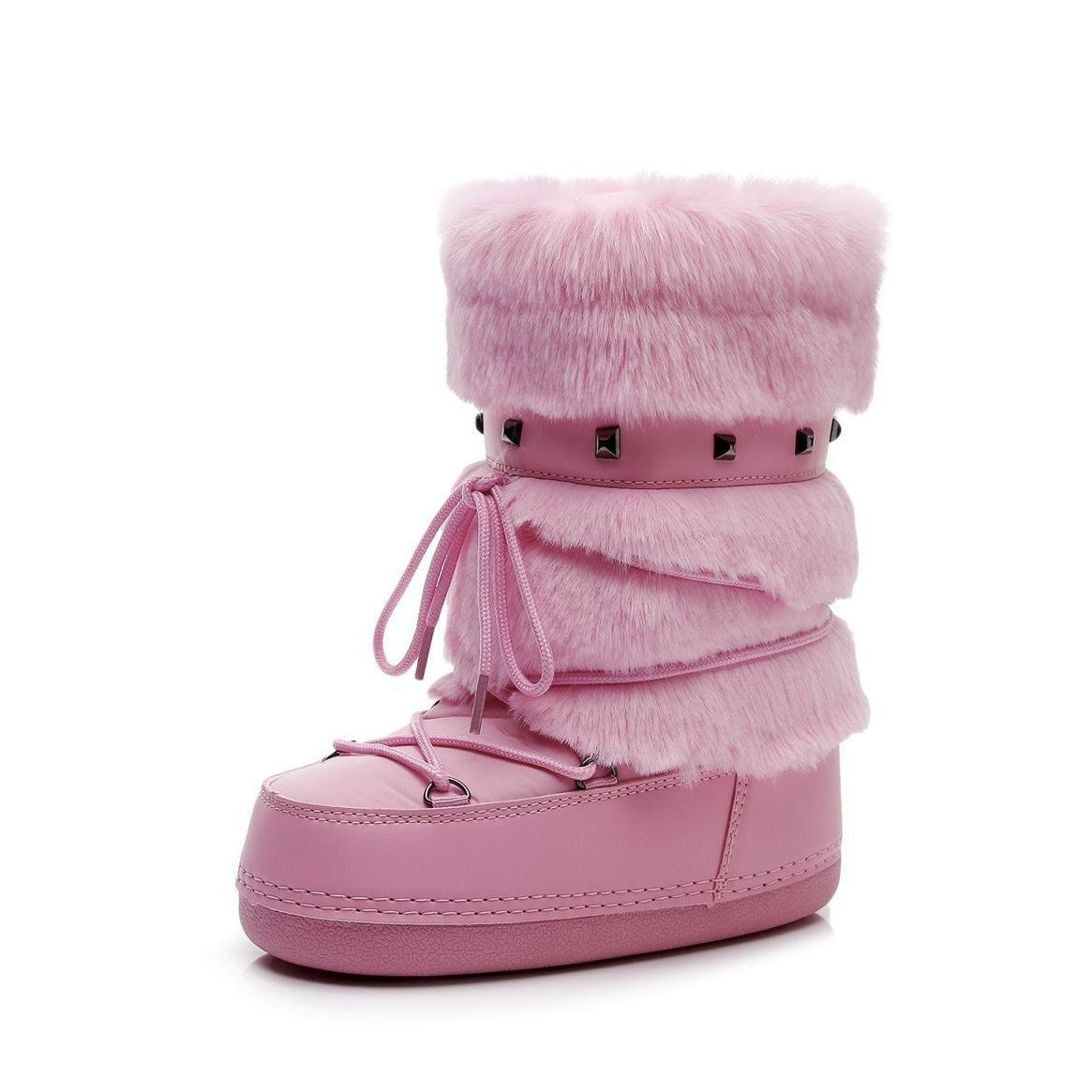Moncelia pink faux fur snow boots, single boot in profile showing studded strap, women's sizes 5.5 to 9
