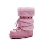 Moncelia pink faux fur snow boots, single boot in profile showing studded strap, women's sizes 5.5 to 9