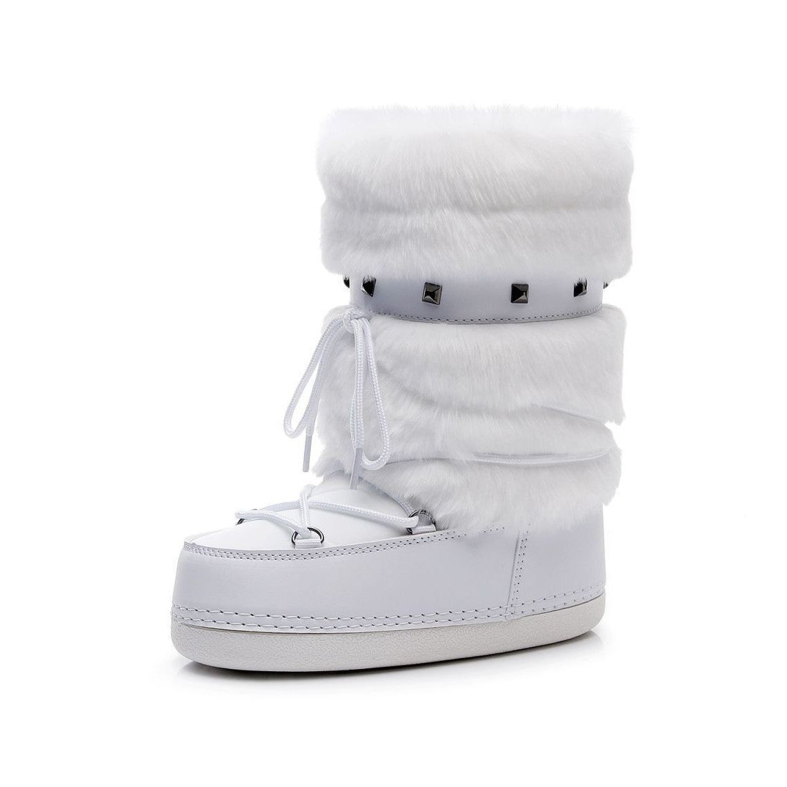 Moncelia white faux fur studded platform snow boots, single boot showing studded strap, women's sizes 5.5 to 9