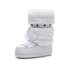 Moncelia white faux fur studded platform snow boots, single boot showing studded strap, women's sizes 5.5 to 9