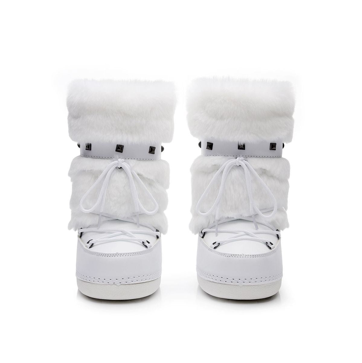 Moncelia white faux fur studded platform snow boots, pair shown from the front, women's sizes 5.5 to 9