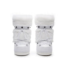 Moncelia white faux fur studded platform snow boots, pair shown from the front, women's sizes 5.5 to 9