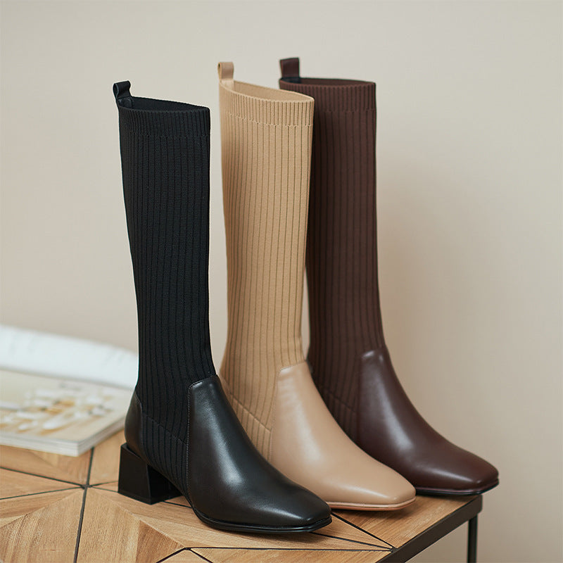 Moncelia Vilma Ribbed Knit Block Heel Knee-High Boots