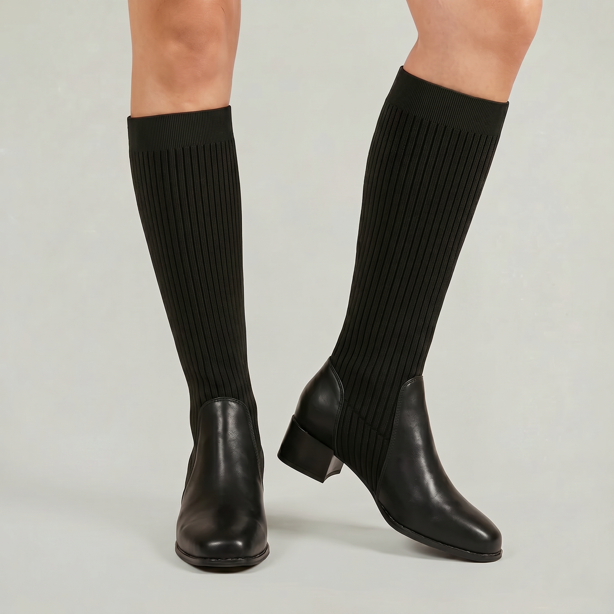 Moncelia Vilma Ribbed Knit Block Heel Knee-High Boots