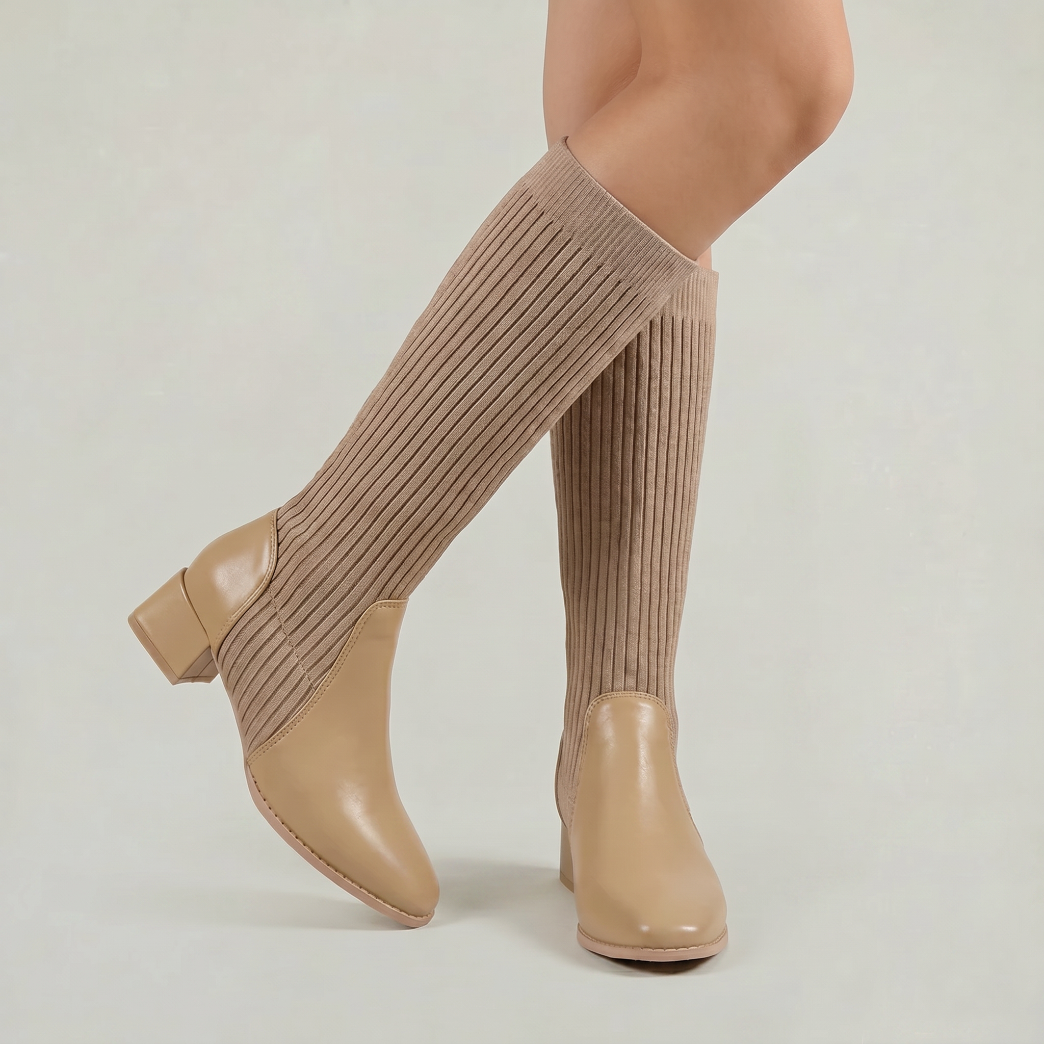 Moncelia Vilma Ribbed Knit Block Heel Knee-High Boots
