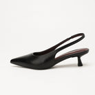 Moncelia black pointed toe slingback spool heels, single shoe in profile showing heel, women's sizes 5 to 11.5