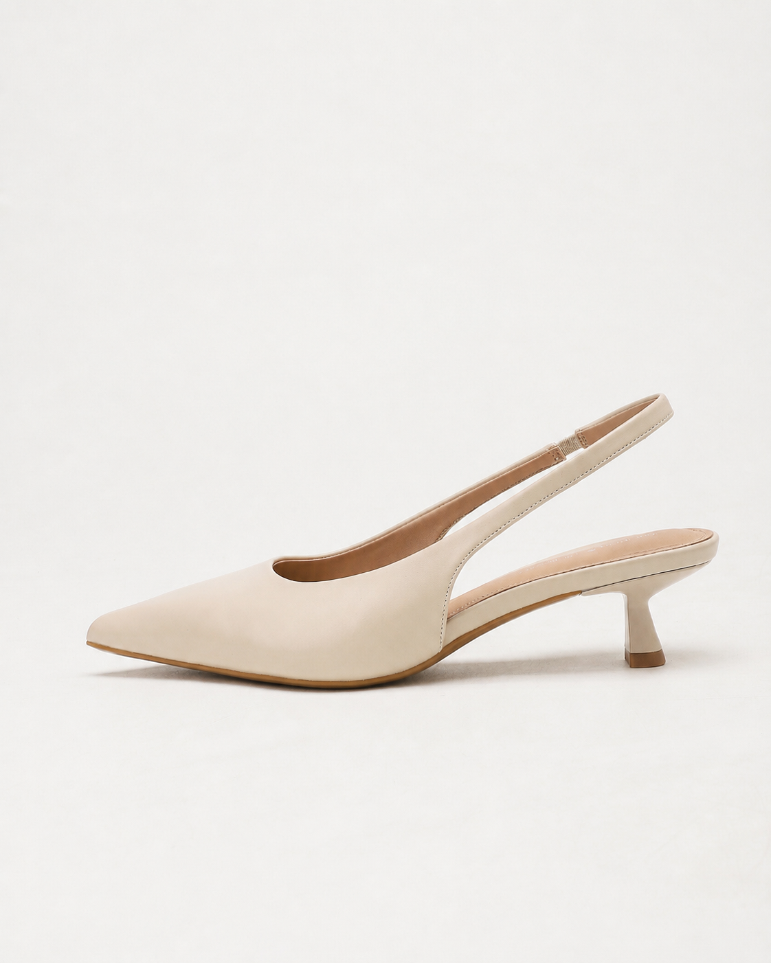 Moncelia apricot pointed toe slingback spool heels, single shoe showing spool heel, women's sizes 5 to 11.5
