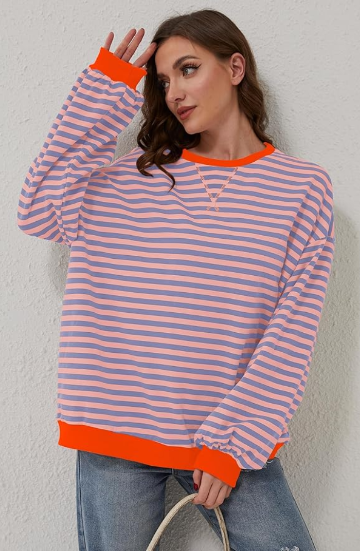 Moncelia Flore Striped Oversized Crewneck Sweater