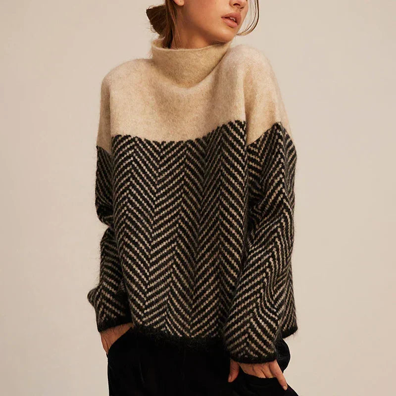 Moncelia Sidony Herringbone Colorblock Turtleneck Sweater