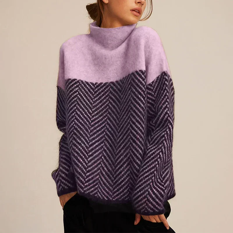 Moncelia Sidony Herringbone Colorblock Turtleneck Sweater